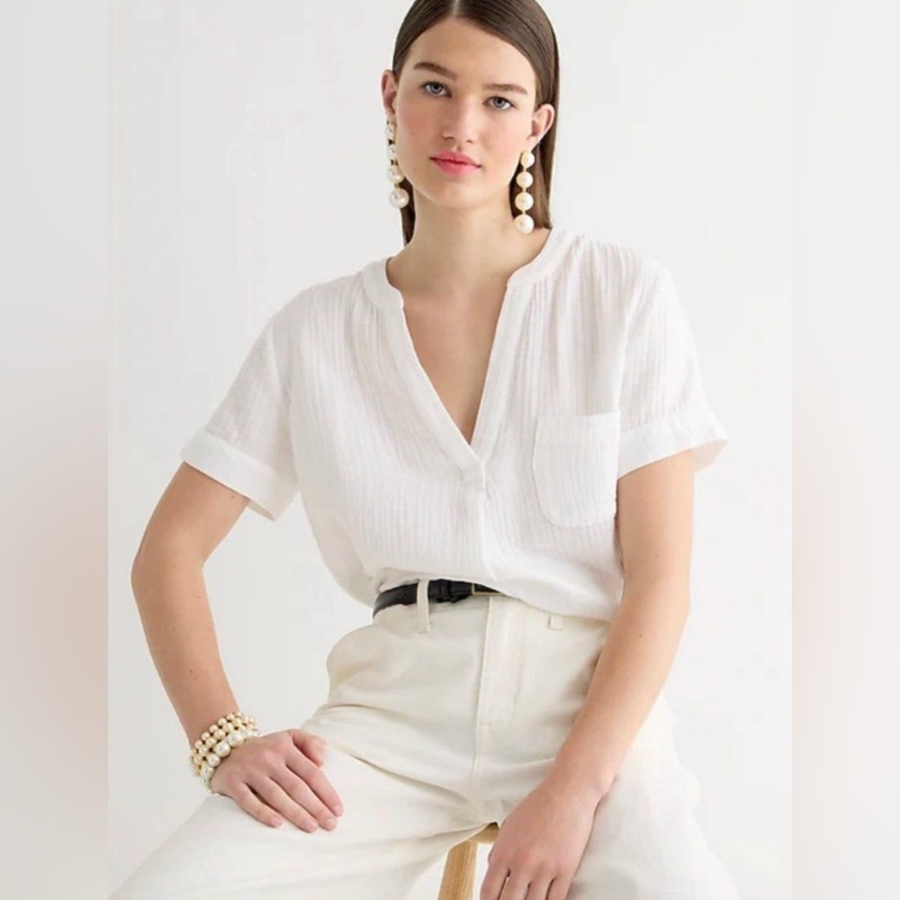J Crew V-Neck Soft Gauze Popover Top Short Sleeve Cotton White Women's M